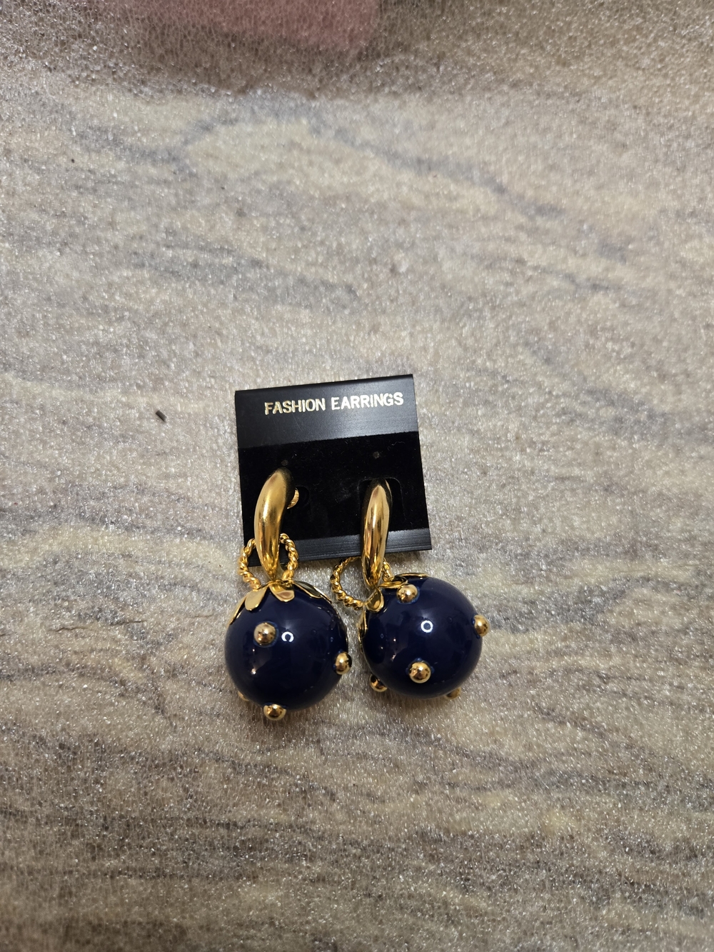 Fashion Clip On Earrings Gold Hoop with Navy Blue Orb Dangles